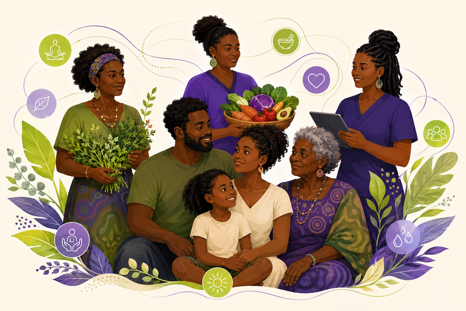 An Aboriginal Black family surrounded by holistic care providers in a connected wellness network